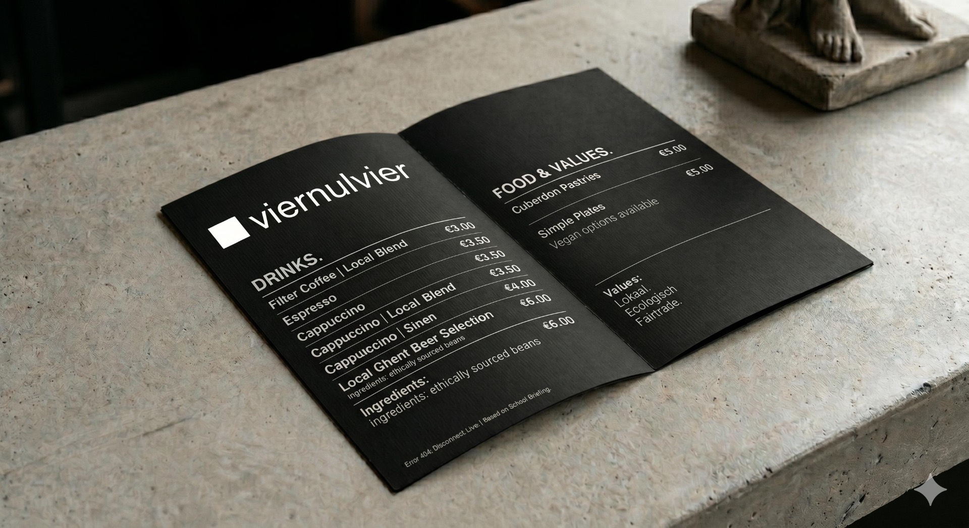 Viernulvier — Café menu — drinks, food & values